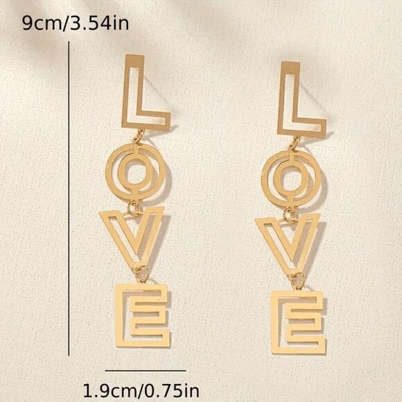 LOVE Golden Dangle Earrings - Picture 5 of 6